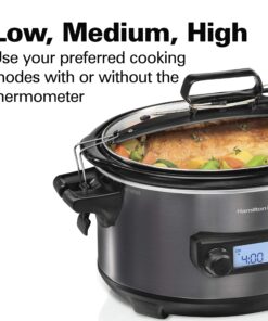 Hamilton Beach Portable 6 Quart Set & Forget Digital Programmable Slow Cooker with Lid Lock, Temperature Probe, Dishwasher Safe Crock & Lid, Black Stainless (33866) Temp Tracking Temperature Probe 22 81ElVcCyoqL 1