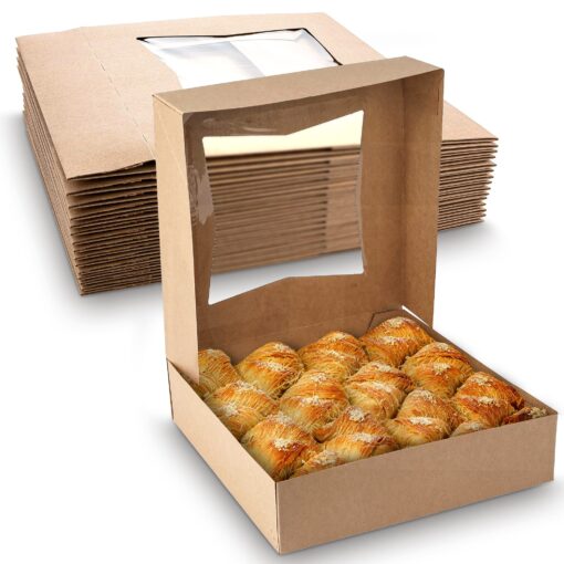 MT Products Kraft Pie Boxes with Window - Size of 9" x 9" x 2.5" - (15 Pieces) Pastry Boxes - Auto Pop-Up Bakery Boxes with Window - Keep Donuts, Cookies, Muffins Safe - Made in the USA