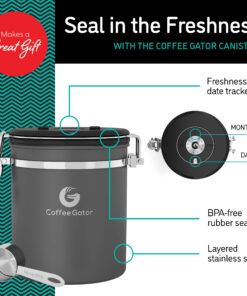 Coffee Gator Stainless Steel Canister - Medium 16oz, Silver Coffee Grounds and Beans Container with Date-Tracker, CO2-Release Valve, and Measuring Scoop - Ideal Coffee Lovers Gifts for Her 14 81ErQNf7M2L