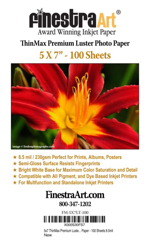 5" X 7" Thinmax Premium Luster Inkjet Photo Paper - 100 Sheets