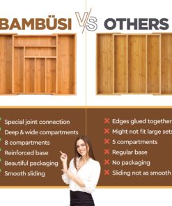 Expandable Bamboo Silverware Organizer - Kitchen Drawer Organizer, Utensil Holder - Drawer Organization and Storage in Kitchen, Bathroom or Bedroom, 17” Long, Adjustable from 13” - 22.2” Wide, 2” Deep 30 81F9f0hKuZL