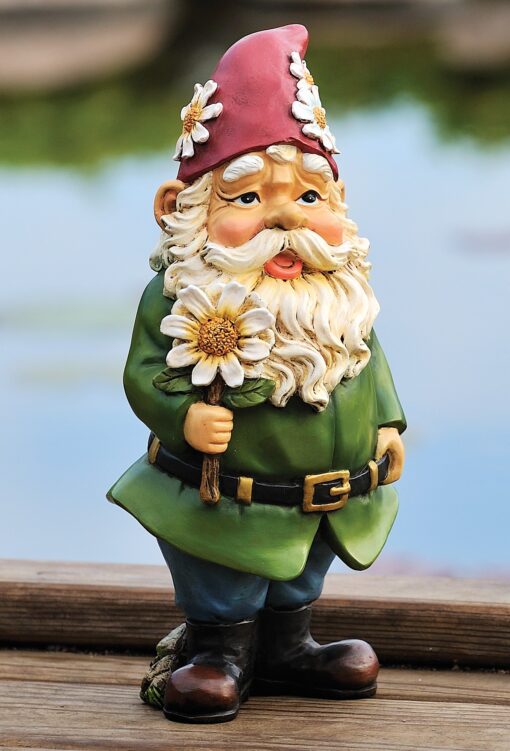 Giftware by Roman Inc., 12.25" H GNOME with Daisy Statue, Garden Collection, Outdoor Statue, Memorial, Resin Stone, Adorable Frogs and Flowers, Garden Décor (12x4x5)