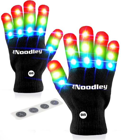 The Noodley LED Light Up Gloves for Kids Toys Games Outdoor Boy Girl Glow Dark Costume Autistic Child Teen Adult Sizes Black Medium