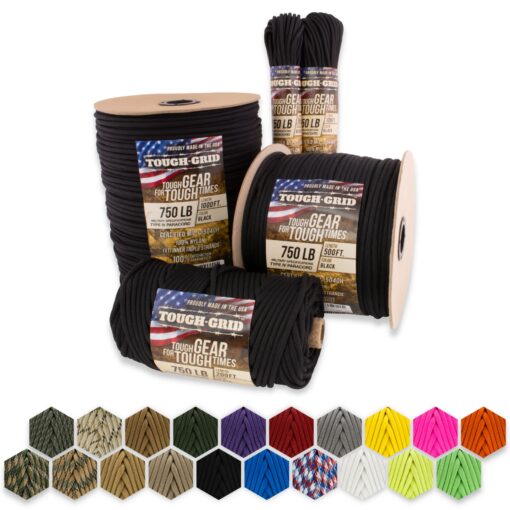 TOUGH-GRID Premium 750lb Paracord 100% Nylon Type IV Mil-Spec Parachute Cord - Certified MIL-C-5040H - UV/Abrasion Resistant - Heavy Duty Strands - Made in USA and Used by US Military Black 200Ft. (Wound on Tube)