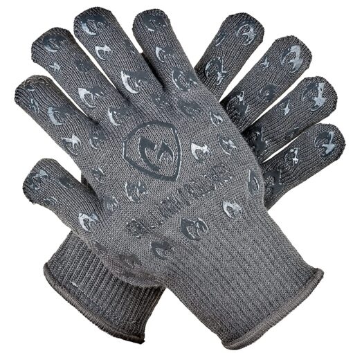 GRILL ARMOR GLOVES – Oven Gloves 932°F Extreme Heat & Cut Resistant Oven Mitts with Fingers for BBQ, Cooking, Grilling, Baking – Accessory for Smoker, Cast Iron, Fire Pit, Camping, Fireplace and More One Size Fits Most Gray