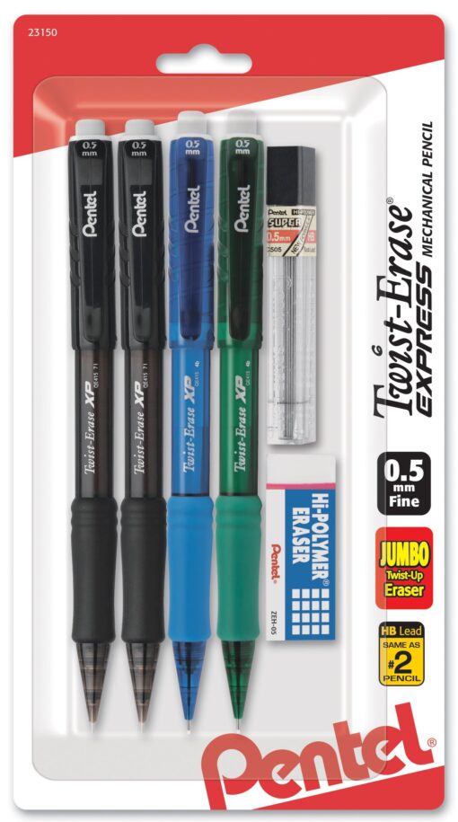 Pentel Twist-Erase Express Mechanical Pencil, 0.5mm, Assorted Barrel Colors (QE415LZBP4), 4 pack 4 Count (Pack of 1)