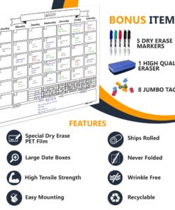 Jumbo Dry Erase Laminated Wall Calendar, Huge 36 Inch by 36 Inch Size, Monthly Planner for Home Office Classroom, Goal Tracker, Reusable PET Film, Never Folded, Includes 5 Markers, 8 Tacks, 1 Eraser white 36 x 36 - 1 month Artsy 13 81FtqLvKJ0L