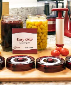 Fermenting Lids for wide mouth mason jars. 4 waterless airlock fermentation lids kit. Easy Grip fermenter lid with Oxygen Pump automatically Vents air. Tracks ferment date. (4 Lids + Pump) 27 81G R3OxzsL