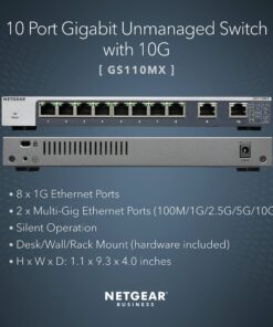 NETGEAR 10-Port Gigabit/10G Ethernet Unmanaged Switch (GS110MX) - with 8 x 1G, 2 x 10G/Multi-gig, Desktop, Wall or Rackmount, and Limited Lifetime Protection 10 port | Multi-Gig | 2xUplinks 20 81G0ubGE1IL