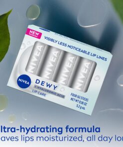 NIVEA Dewy Lip Care with Hyaluronic Acid, Lip Balm Leaves Visibly Less Noticeable Lip Lines and No Waxy Feel, 0.18 Oz, Pack of 4 23 81G2Zq7o29L