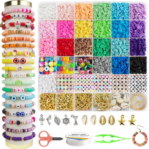 Redtwo 6200 Pcs Clay Beads Bracelet Making Kit, Flat Round Polymer Heishi Friendship Bracelet Jewelry Kit with Charms and Elastic Strings for Girls 8-12 Gifts for Kids