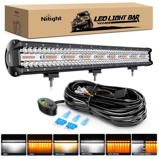 Nilight 26Inch 540W LED Light Bar Spot Flood Amber White Strobe 6 Modes with Memory Function Off-Road Truck Car ATV SUV Cabin Boat with 16AWG Wiring Harness Kit-1 Lead, 2 Years Warranty Amber&White 6 Modes