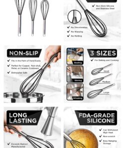 Silicone Whisk Set of 3 - Silicone Whisks for Cooking Non-Scratch - Silicone Whisk Set - Hand Whisk - Wisk - Metal Whisk - Small Whisk - Mini Whisk - Stainless Steel Whisk Black 13 81GDEpTPkSL