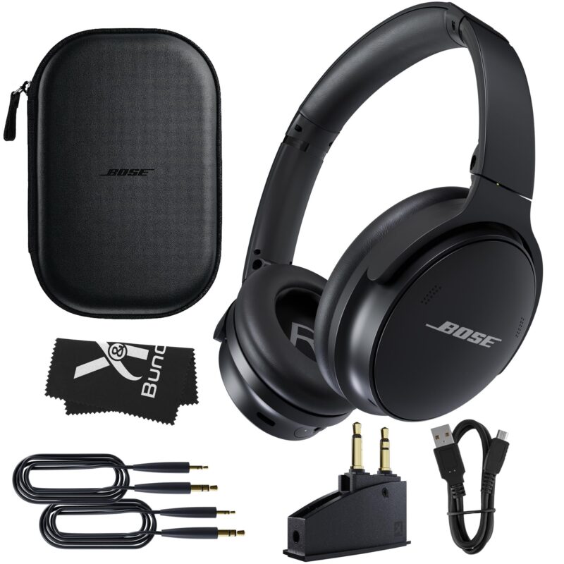 Bose QuietComfort 45 Headphones Bundle with QC15 Airplane Jack Adapter, Audio Cable, Cloth - Bluetooth Wireless Noise Canceling Headphones, Over Ear Headphones Bose Noise Cancelling Headphones (Black)