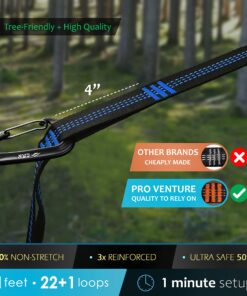 Pro Venture Hammock Straps and Carabiners Set | 22 Feet Total, 44+2 Loops | 1200lbs Breaking Strength (500lbs Rated) | Non-Stretch, Lightweight, Portable - Quick Setup | Heavy Duty, Tree Friendly 11 Feet. Blue 11 81GUEO9wOL