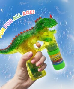 Dinosaur Bubble Gun Light Up Bubbles Shooter, Battery Operated Bubble Maker Toy for Toddlers & Kids, Sound-Free (Extra Refill Bottle and Batteries Included) Green Dinosaur 25 81GVq mnAL
