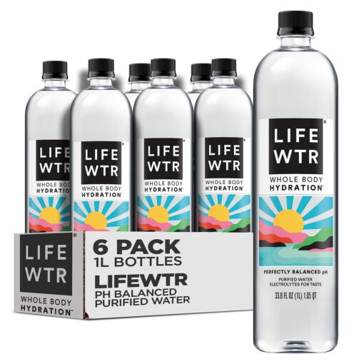 LIFEWTR Premium Purified Water, pH Balanced with Electrolytes, 100% recycled plastic bottles, 33.8 Fl Oz, 1L (Pack of 6) 33.8 Fl Oz (Pack of 6)