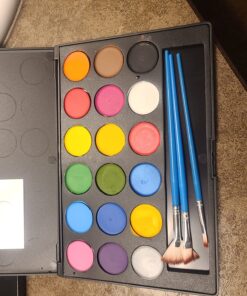 Mosaiz Facepaints Makeup Palette, Facepaint and Body Paint Set, Makeup Kit for Kids Party and Purim Costumes, Make up for Kids and Adults Professional, 18 Colors, 4 Metallic, 3 Brushes 30 Stencils 30 81Ge1XgO5 L