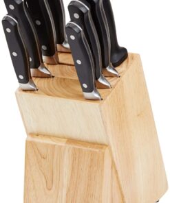 Amazon Basics 9-Piece Premium Kitchen High-Carbon Stainless-Steel Blades with Pine Wood Knife Block Set, Black Traditional Handle Design 18 81GwCKSCTEL