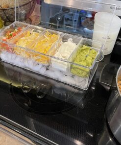 Ice Chilled 5 Compartment Condiment Server Caddy - Serving Tray Container with 5 Removable Dishes with Over 2 Cup Capacity Each and Hinged Lid | 3 Serving Spoons + 3 Tongs Included 37 81GyuODDYL