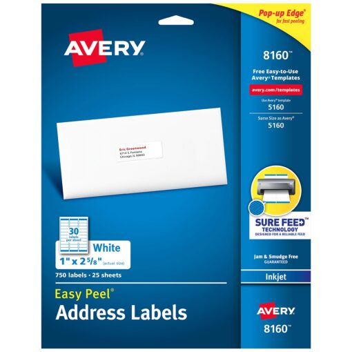 Avery Easy Peel Printable Address Labels with Sure Feed, 1" x 2-5/8", White, 750 Blank Mailing Labels (08160) 750 labels