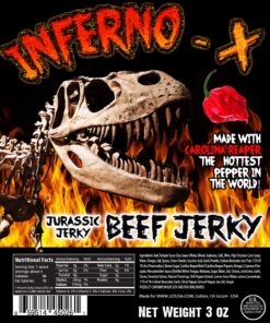 INFERNO X Carolina Reaper Beef Jerky – With Jurassic jerky’s special Blend of spices and the famous Carolina Reaper Pepper, the World’s Hottest Pepper! Amazing taste, MSG-free, no preservatives meat snack. Can You Handle The HEAT? (3 OZ bag) 11 81HD5NHwecL