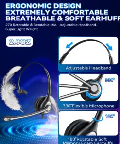 Wantek Corded Telephone Headset Mono w/Noise Canceling Mic for Avaya Aastra Allworx Adtran Alcatel Lucent AltiGen Comdial Digium Gigaset InterTel Mitel Plantronics MiVoice Landline Deskphones(F600S1) Monaural F600S1 16 81HFJGN6yqL