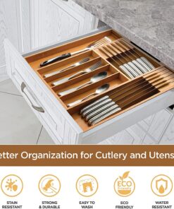 Alternative view of Utensil Organizer for Kitchen Drawers - Bamboo Silverware Organizer - Expandable Utensil Holder and Cutlery Tray with Divider and Removable Knife Block | 17” Long, Adjustable from 13” to 22.2” W' Knife Block