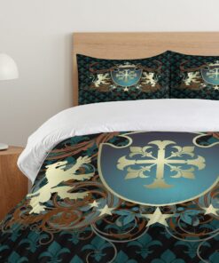 Ambesonne Medieval Duvet Cover Set, Heraldic Design from Middle Ages Coat of Arms Crown Lions and Swirls, Decorative 3 Piece Bedding Set with 2 Pillow Shams, Queen Size, Teal Black Cinnamon 10 81HUY8xGMsL