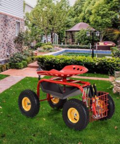Alternative view of Goplus Garden Cart Rolling Work Seat Outdoor Lawn Yard Patio Wagon Scooter for Planting, Adjustable 360 Degree Swivel Seat w/Tool Tray, Basket (Red) Red