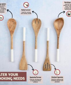 Alternative view of Folkulture Wooden Spoons for Cooking Set for Kitchen, Non Stick Cookware Tools or Utensils Includes Wooden Spoon, Spatula, Fork, Slotted Turner, Corner Spoon, Set of 5, 12 Inch, Acacia Wood (White) White