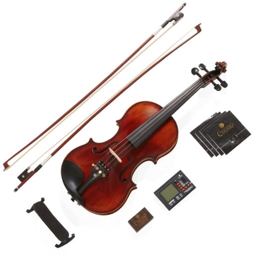 Mendini By Cecilio Violin - MV500+92D - Size 4/4 (Full Size), Black Solid Wood - Flamed, 1-Piece Violins w/Case, Tuner, Shoulder Rest, Bow, Rosin, Bridge & Strings - Adult, Kids Size: 4/4 (Full Size)