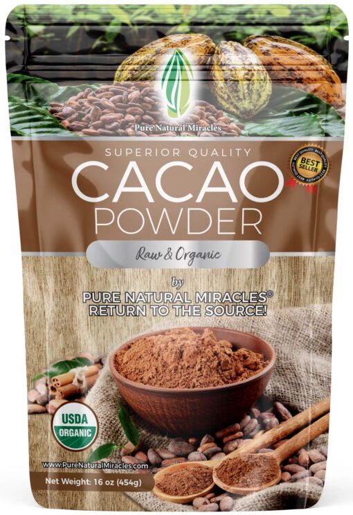 Pure Natural Miracles Cacao Powder, Organic, Raw, Unsweetened Cocoa Powder, 16oz 1 Pound (Pack of 1)