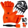 GK’s Premium BBQ Dream Set: 100% Mess Proof Silicone BBQ Smoker Gloves for BBQing All Day Plus Super Sharp Solid Meat Claws for Shredding Plus Silicone Basting Brush | Smoker Accessories for Men and Women (Orange) Orange
