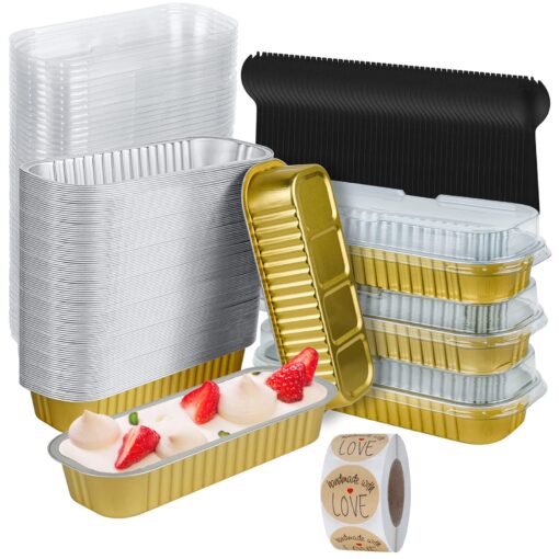 Mini Loaf Pans with Lids, 6.8oz Mini Cake Pans Aluminum Foil Mini Loaf Baking Pans 50Pcs Disposable Long Baking Cups Muffin Tins Brownie Bread Pan Cupcake Liners for Wedding Birthday Party (Gold) Gold