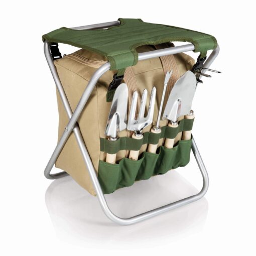 ONIVA - a Picnic Time brand Gardener Folding Seat with Tools, Garden Stool with Detachable Storage Tote Bag, Portable Chair Seat with Garden Tools Set Organizer, Olive Green with Beige Accents