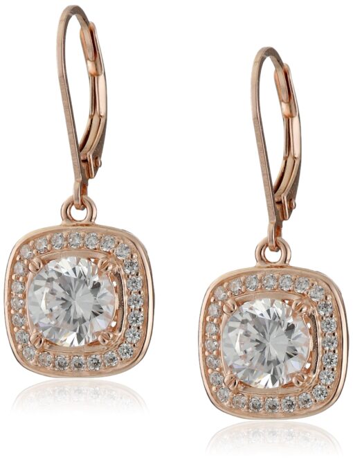 Amazon Collection Sterling Silver or Gold Plated Cubic Zirconia Halo Set Lever-Back Drop Earrings Rose Gold