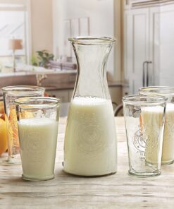 Circleware Beverage Carafe Water Pitcher with Handle and Drinking Glasses, Kitchen Glassware for Milk, Juice, Beer, Wine, Farmhouse Decor, 5 Piece Set of 1-40 oz, 4-16 oz, Ranch Rooster Set of 5 8 81ITmA9CZCL