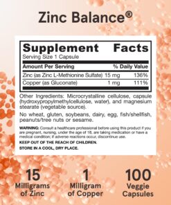 Jarrow Formulas Zinc Balance 15 mg - 100 Servings (Veggie Caps) - Includes Copper - Essential Mineral for Immune System Support - Immune Support Supplement - Gluten Free Zinc Copper Supplement - Vegan 27 81IXV6LKXL