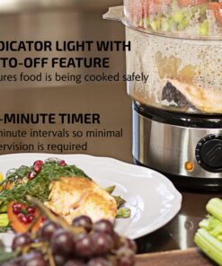 OVENTE 2 Tier Electric Food Steamer for Cooking Vegetables, Stainless Steel Base, Stackable and Dishwasher Safe Baskets, 400W with Auto Shutoff and 60-Minute Timer, 5 Quart Capacity, Silver FS62S 2-Tier 17 81Ik73SwnpL