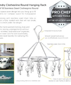 Pro Chef Kitchen Tools Clothes Drying Rack - Round Clothing Racks - Laundry Portable Clothesline Includes 18 Metal Clothespins Hanger Clips Set - Baby Clothes Storage Closet - Herb Hanging Air Dryer 23 81Iox61FWL