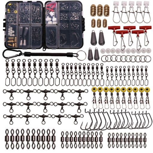 SUPERTHEO Fishing Accessories Kit with Hooks Bass Casting Sinkers Fishing Swivels Snaps Sinker Slides Fishing Line Beads Fishing Set with Tackle Box Lanyard 140pcs Swivels