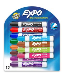 EXPO Low Odor Dry Erase Markers, Chisel Tip, Assorted Colors, 12 Count 12 Count (Pack of 1)