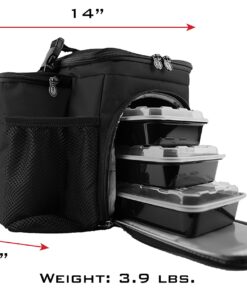 Meal Prep Bag ISOBAG 3 Meal Insulated Lunch Bag Cooler with 6 Stackable Meal Prep Containers, 2 Ice Pack ISOBRICKS, and Shoulder Strap - MADE IN USA (Blackout) 3 Meal Isobag Blackout 20 81IvujAO49L