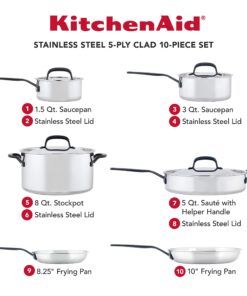 KitchenAid 5-Ply Clad Stainless Steel Cookware Pots and Pans Set, 10 Piece, Polished Stainless 16 81Ixrov3blL