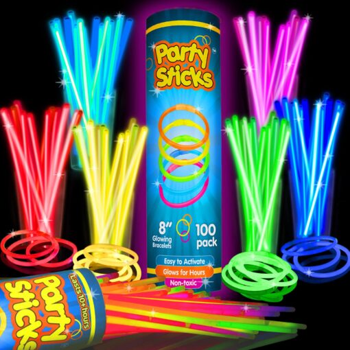 Glow Sticks Bulk Party Favors 100pk - 8" Glow in the Dark Party Supplies, Light Sticks for Neon Party Glow Necklaces and Bracelets for Kids or Adults 100 Pack