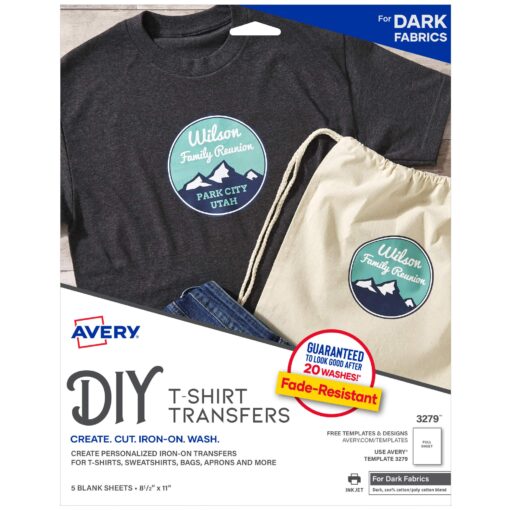 Avery Printable T-Shirt Transfers, For Use on Dark Fabrics, Inkjet Printers, 5 Paper Transfers (3279) 8.5"x11" 5 transfers White