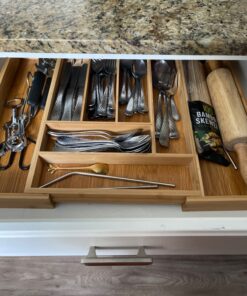 Expandable Bamboo Silverware Organizer - Kitchen Drawer Organizer, Utensil Holder - Drawer Organization and Storage in Kitchen, Bathroom or Bedroom, 17” Long, Adjustable from 13” - 22.2” Wide, 2” Deep 38 81JiW6SDwL