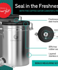 Alternative view of Coffee Canister - Coffee Gator Stainless Steel Coffee Container - Fresher Beans and Grounds for Longer - Date-Tracker, CO2-Release Valve and Measuring Scoop - 2-Pack, Silver/Gray Gray/Silver 22oz