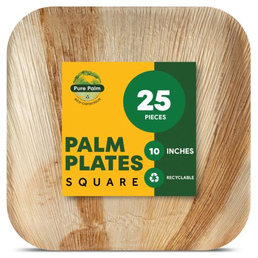 Pure Palm 10 in Party Plates Palm Leaf Plates Biodegradable Plates 25 pc Nice Compostable Bamboo Wood Look Large Square Disposable Plates, Eco Friendly Paper Dinner Plates Party Wooden Style Plates Palm 25 10" Square